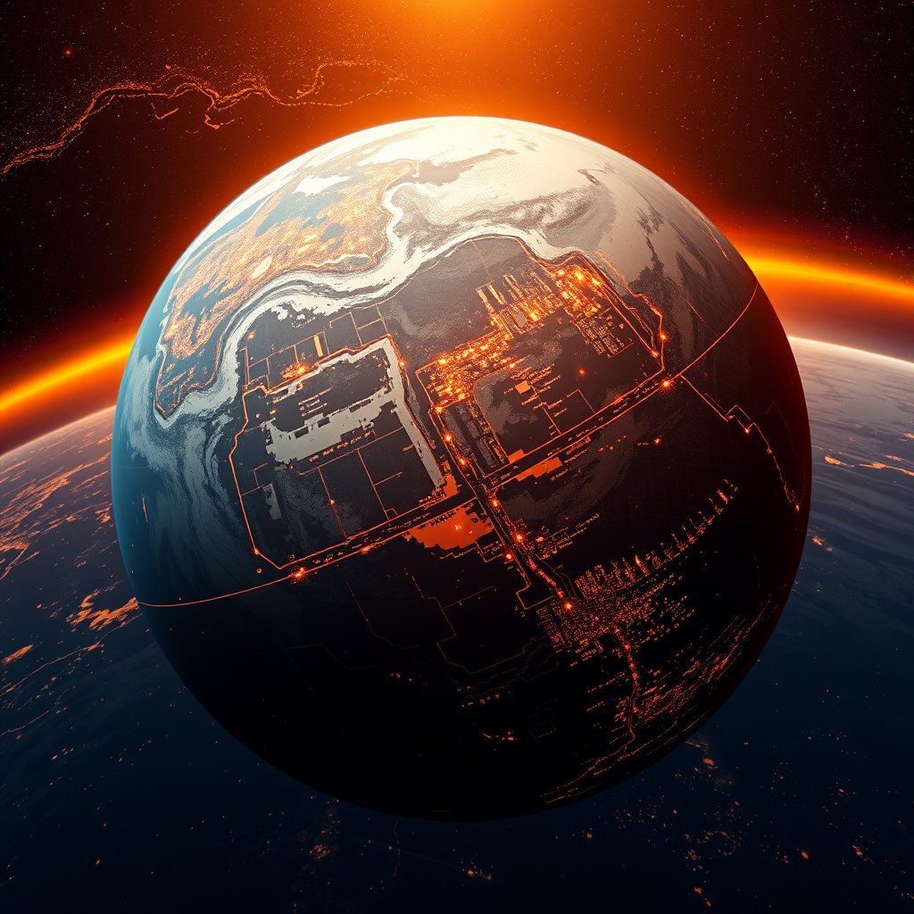 a realistic planet earth from orbit with city lights, golden hour lighting, warm tones, atmospheric