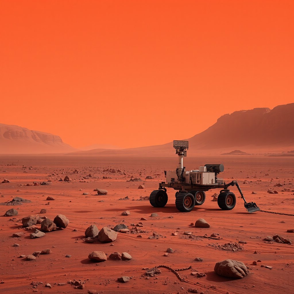 the surface of mars with a rover and red sky, highly detailed, 8k, professional photography, sharp focus