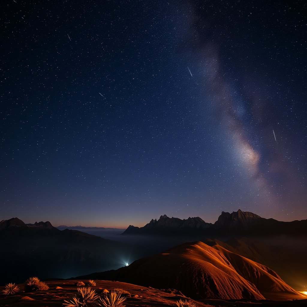 a meteor shower over a mountain landscape at night, golden hour lighting, warm tones, atmospheric