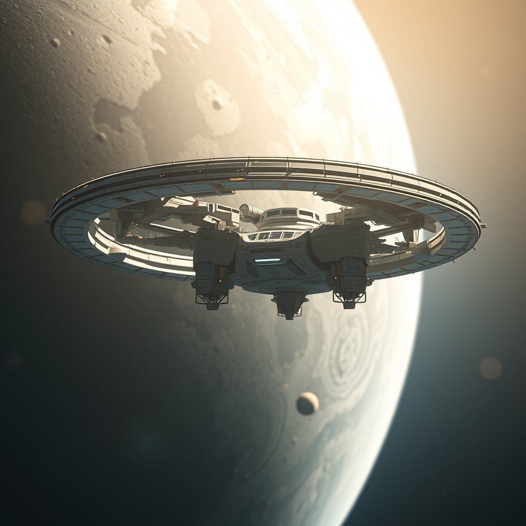 a sci-fi space station orbiting a giant planet, soft natural light, shallow depth of field, bokeh
