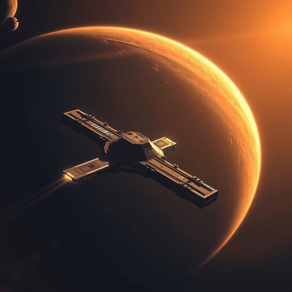 a sci-fi space station orbiting a giant planet, golden hour lighting, warm tones, atmospheric