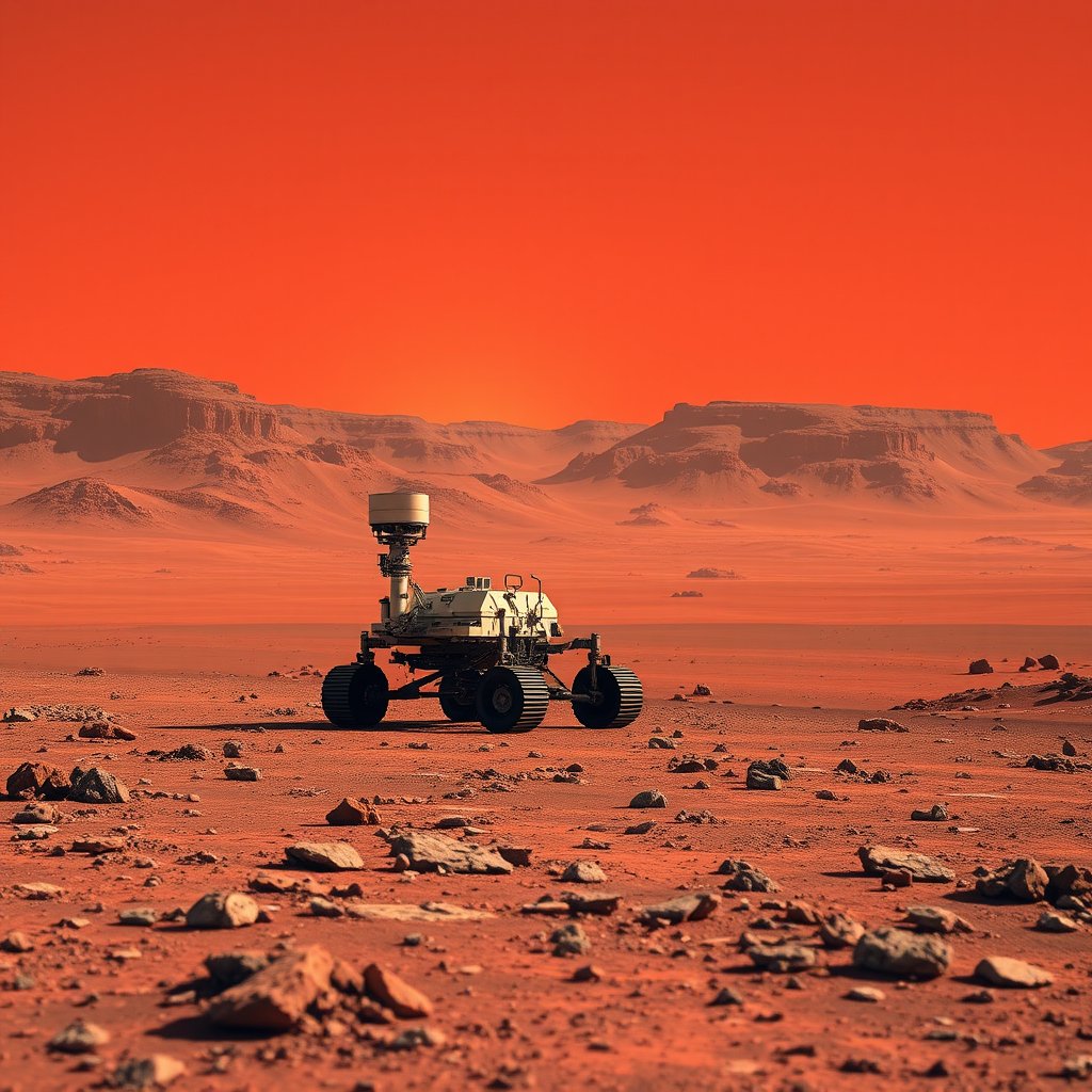 the surface of mars with a rover and red sky, highly detailed, 8k, professional photography, sharp focus