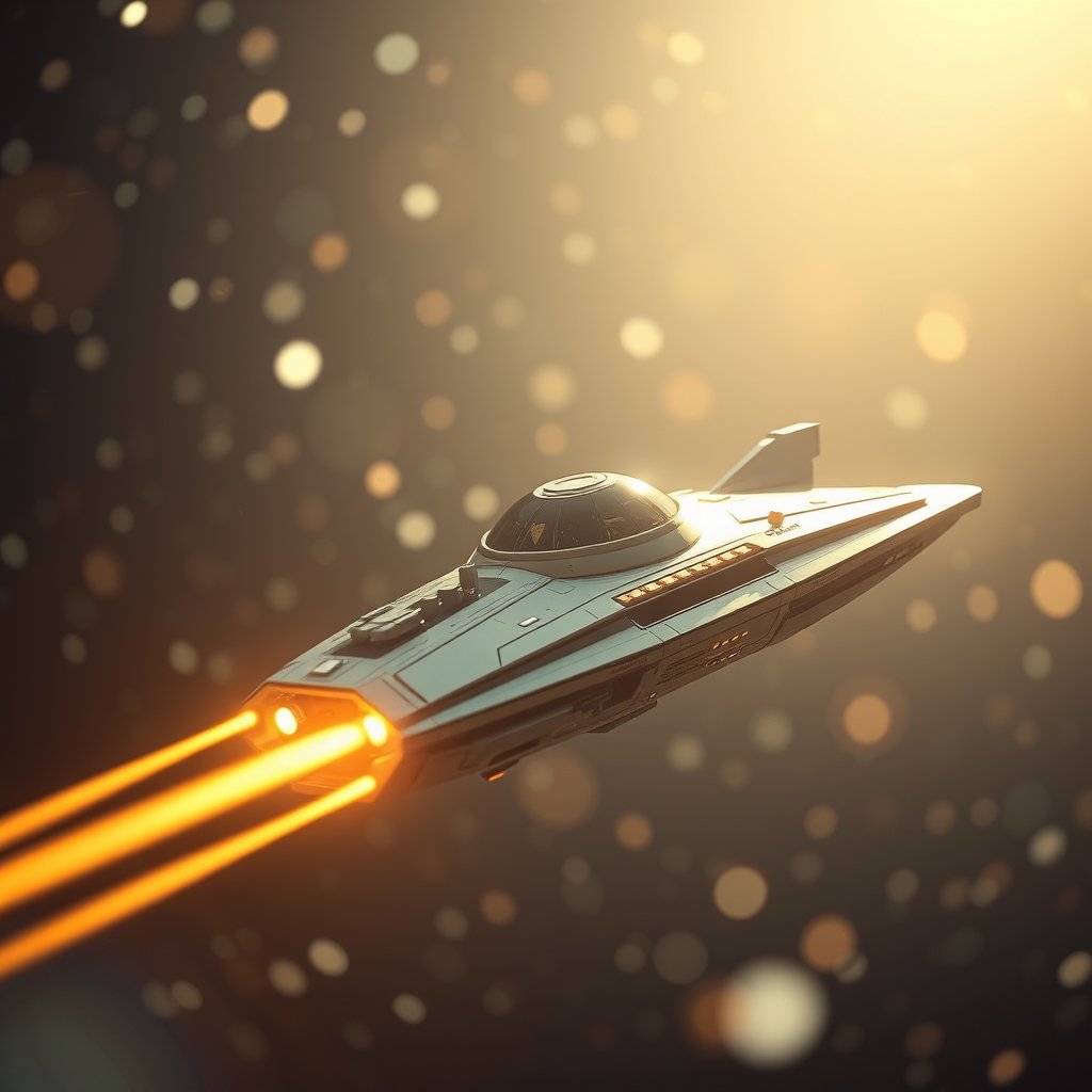 a futuristic spaceship traveling through stars, soft natural light, shallow depth of field, bokeh