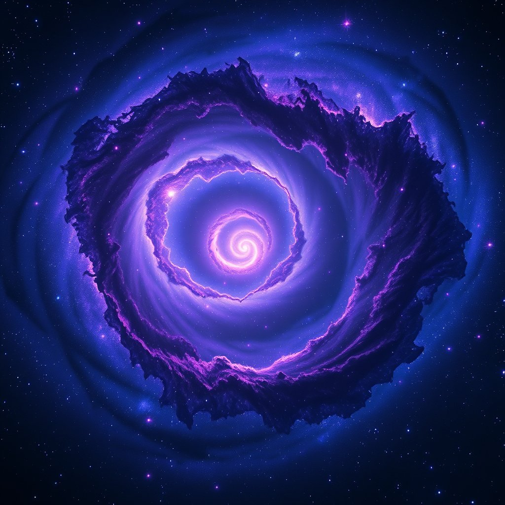 a spiral galaxy in vivid purple and blue colors, cinematic lighting, vibrant colors, dramatic atmosphere