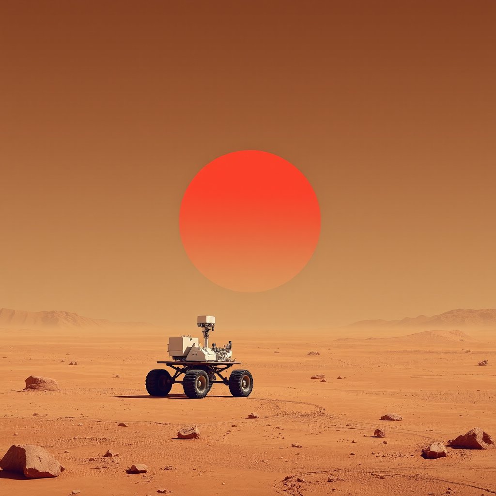 the surface of mars with a rover and red sky, minimalist composition, clean background, elegant
