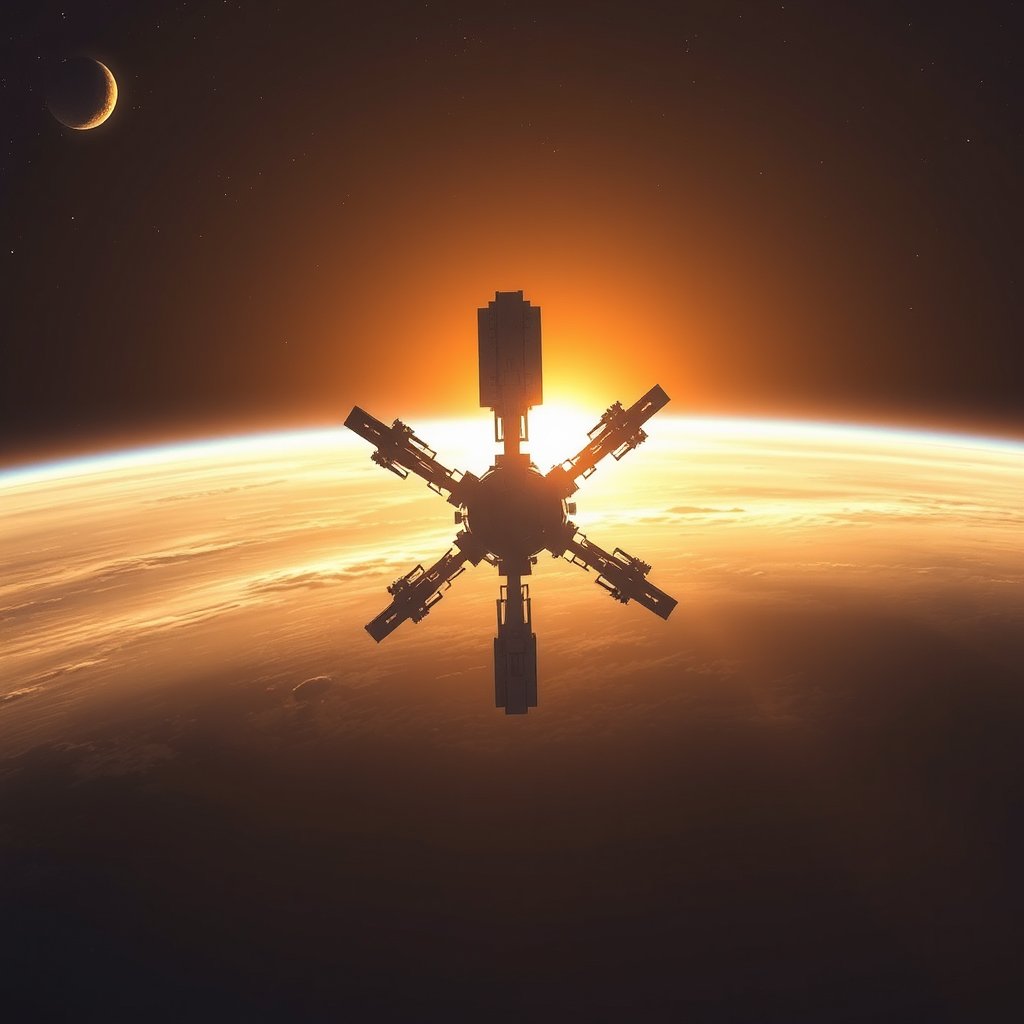 a sci-fi space station orbiting a giant planet, golden hour lighting, warm tones, atmospheric