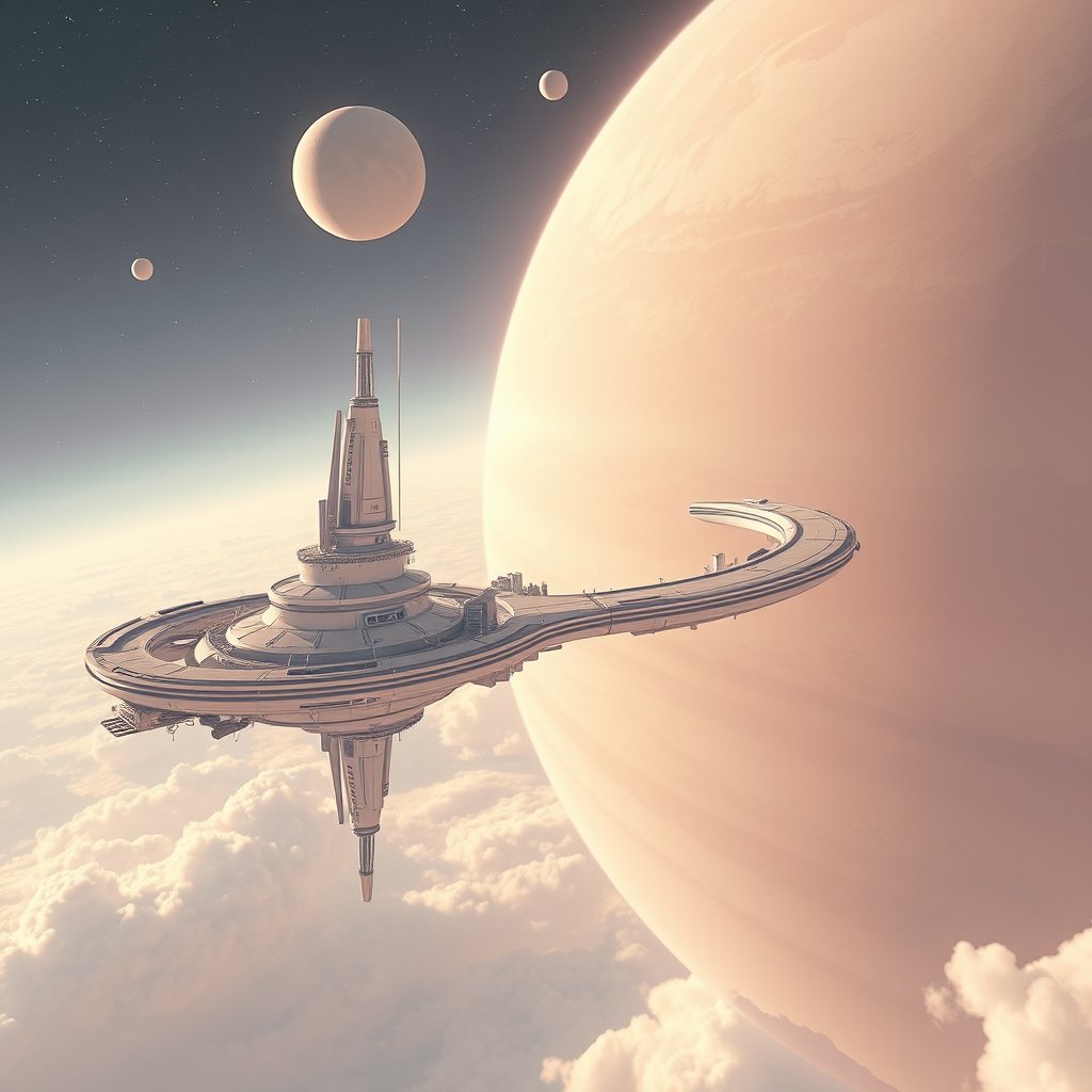a sci-fi space station orbiting a giant planet, bright and airy, pastel tones, dreamy aesthetic