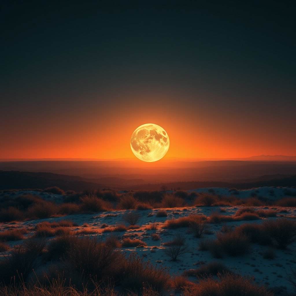a moon landscape with earth rising on the horizon, golden hour lighting, warm tones, atmospheric