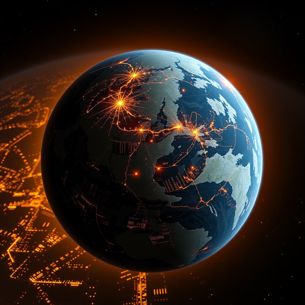 a realistic planet earth from orbit with city lights, golden hour lighting, warm tones, atmospheric