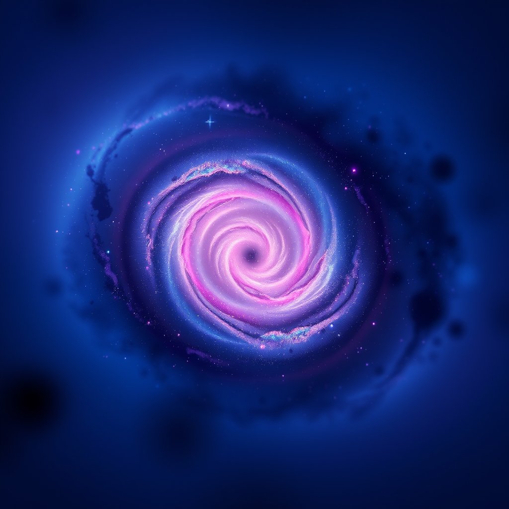 a spiral galaxy in vivid purple and blue colors, soft natural light, shallow depth of field, bokeh