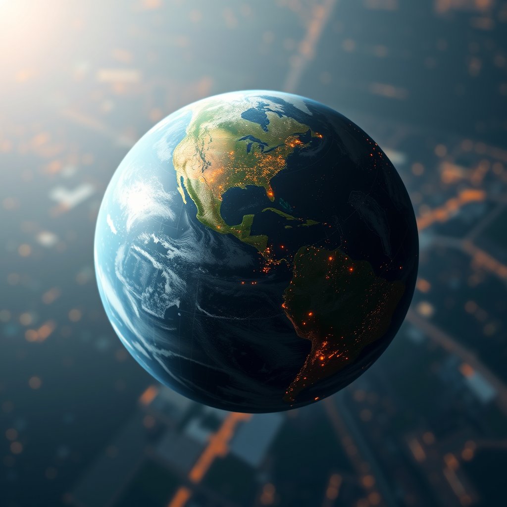 a realistic planet earth from orbit with city lights, soft natural light, shallow depth of field, bokeh