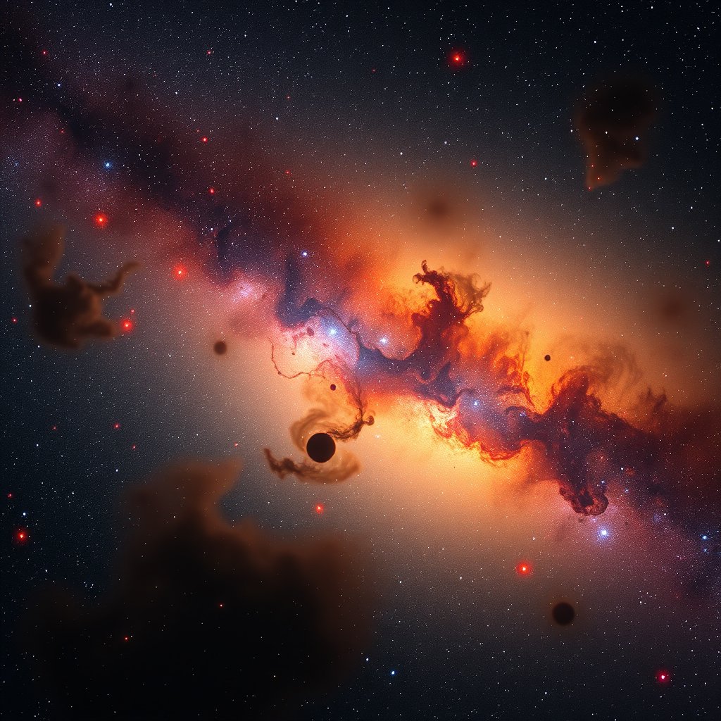 a colorful nebula with bright stars in deep space, golden hour lighting, warm tones, atmospheric