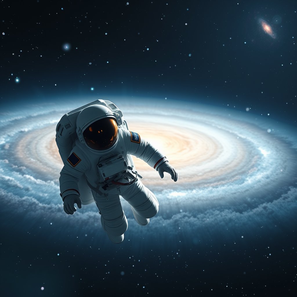 an astronaut floating in space with a galaxy behind, highly detailed, 8k, professional photography, sharp focus