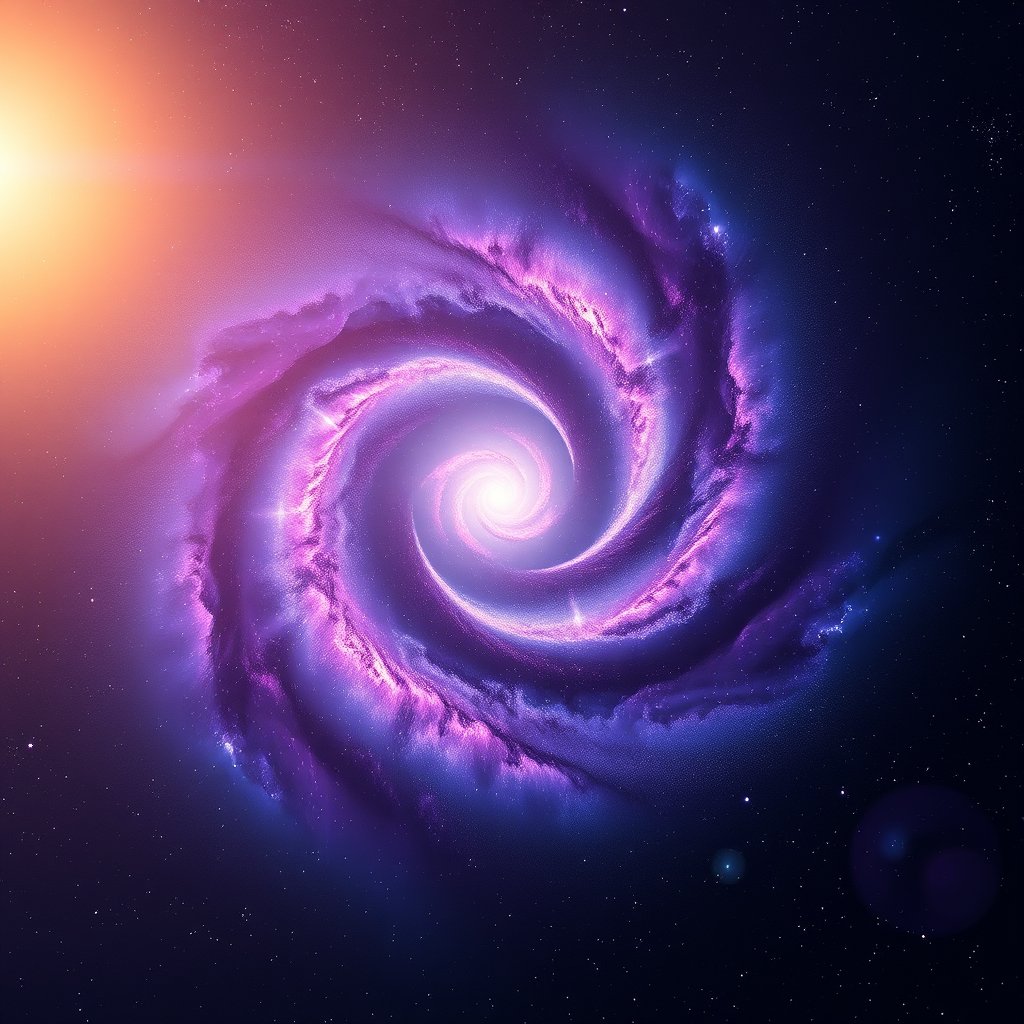 a spiral galaxy in vivid purple and blue colors, golden hour lighting, warm tones, atmospheric