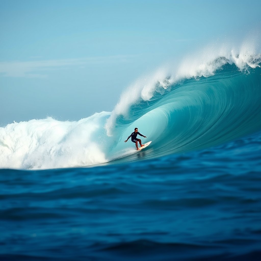 a surfer riding a big ocean wave, ultra realistic, crisp details, studio quality