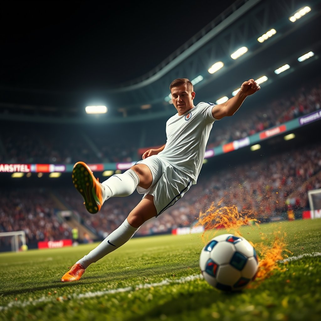 a soccer player kicking the ball in a stadium, highly detailed, 8k, professional photography, sharp focus