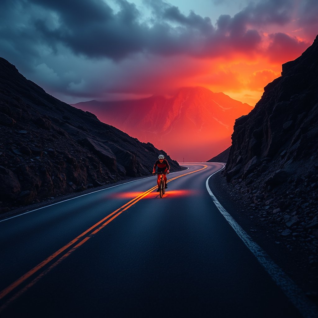 a cyclist riding through a mountain road, cinematic lighting, vibrant colors, dramatic atmosphere