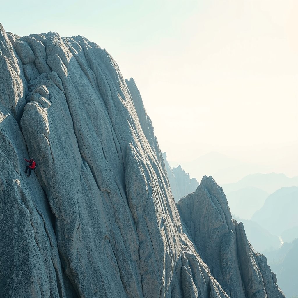 a rock climber scaling a steep cliff, bright and airy, pastel tones, dreamy aesthetic