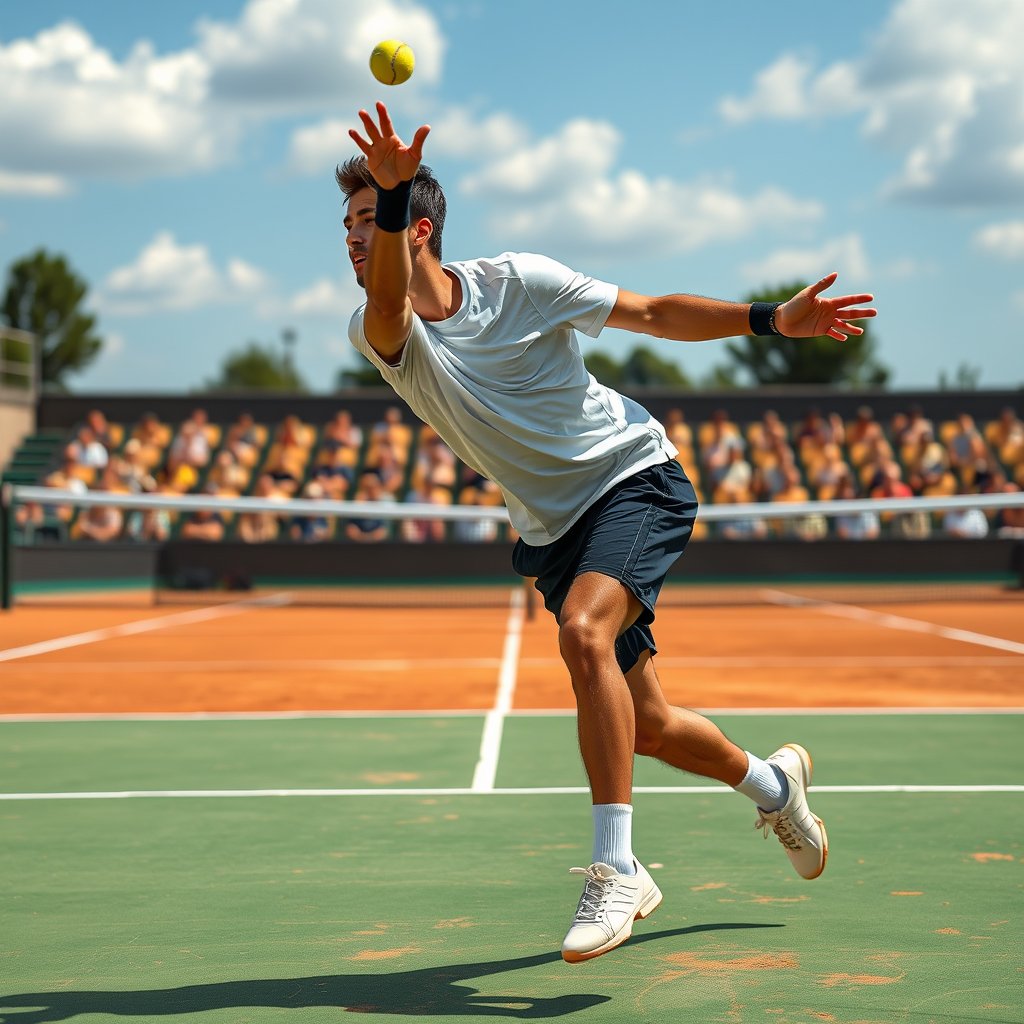 a tennis player serving on a clay court, highly detailed, 8k, professional photography, sharp focus