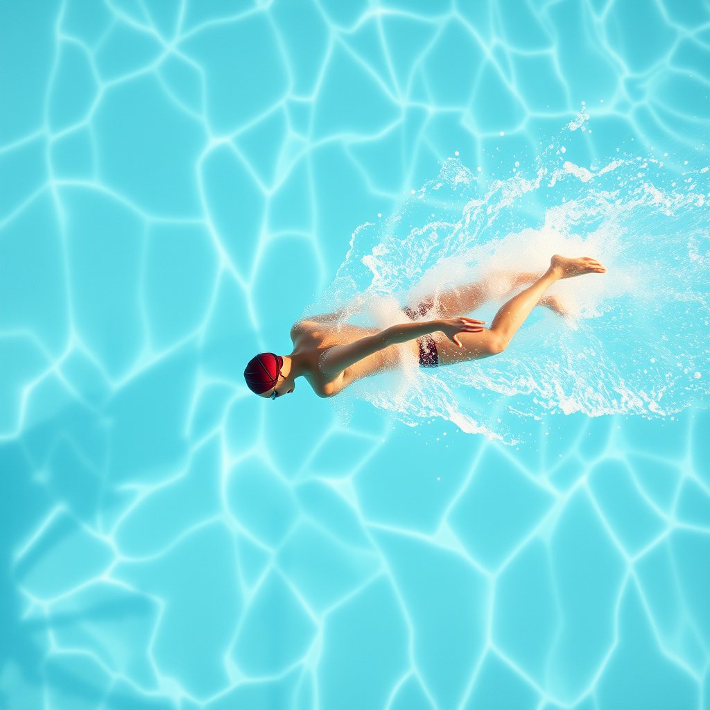 a swimmer diving into a pool, action shot, bright and airy, pastel tones, dreamy aesthetic