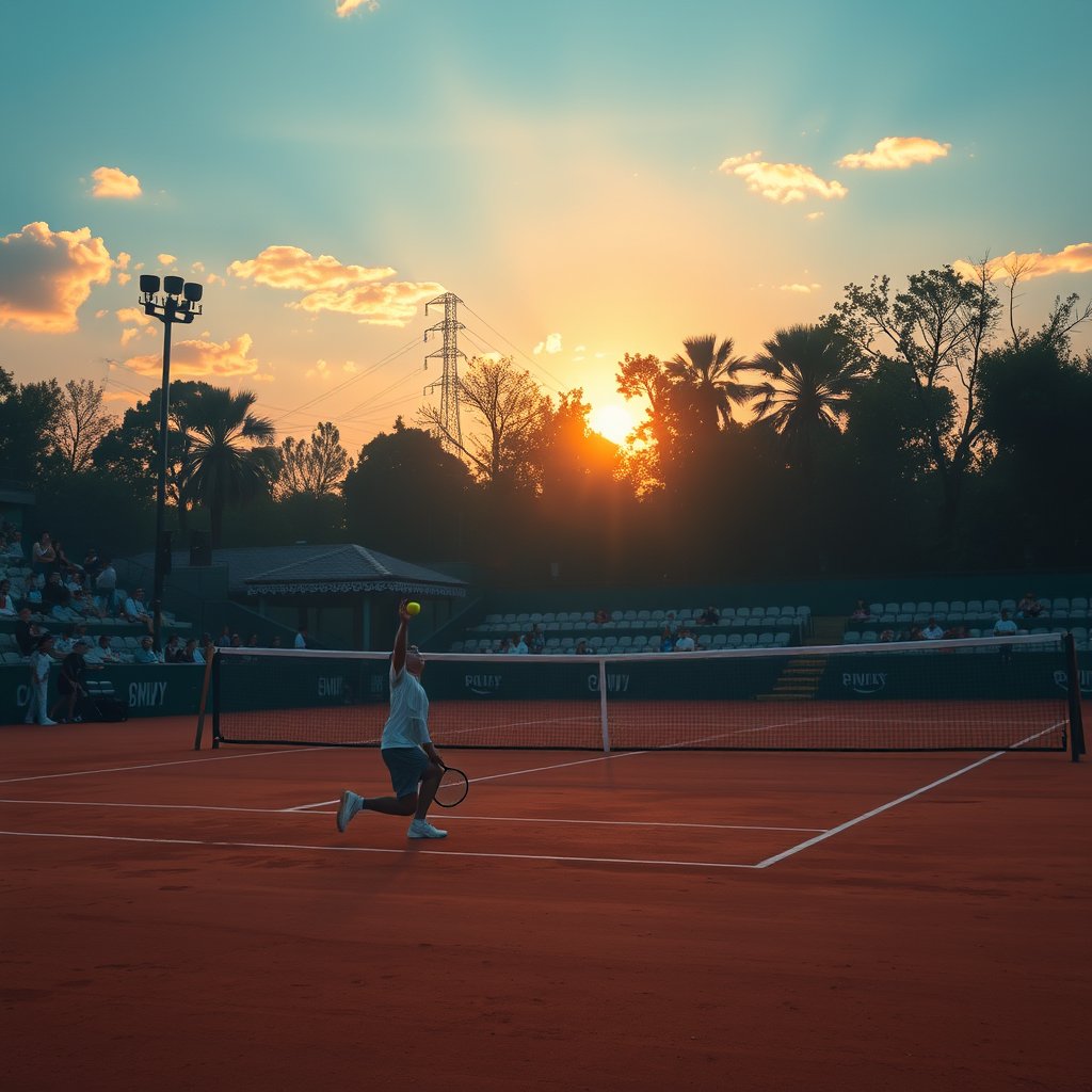 a tennis player serving on a clay court, golden hour lighting, warm tones, atmospheric