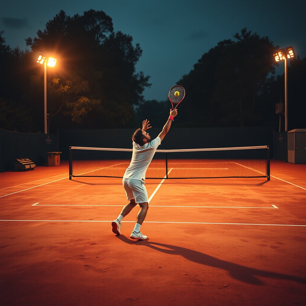 a tennis player serving on a clay court, golden hour lighting, warm tones, atmospheric