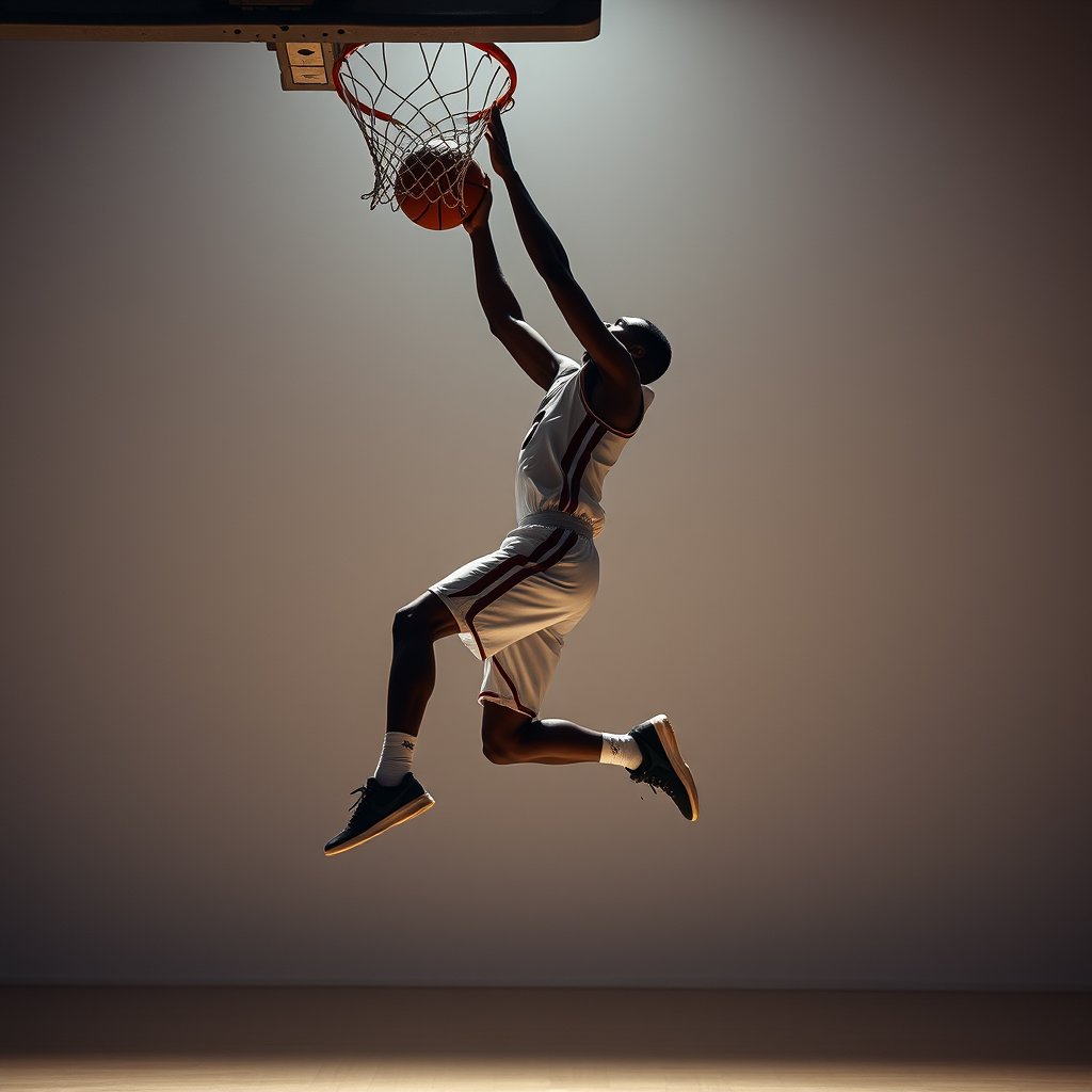 a basketball player dunking with dramatic lighting, minimalist composition, clean background, elegant