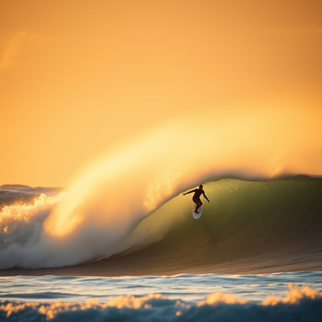 a surfer riding a big ocean wave, golden hour lighting, warm tones, atmospheric