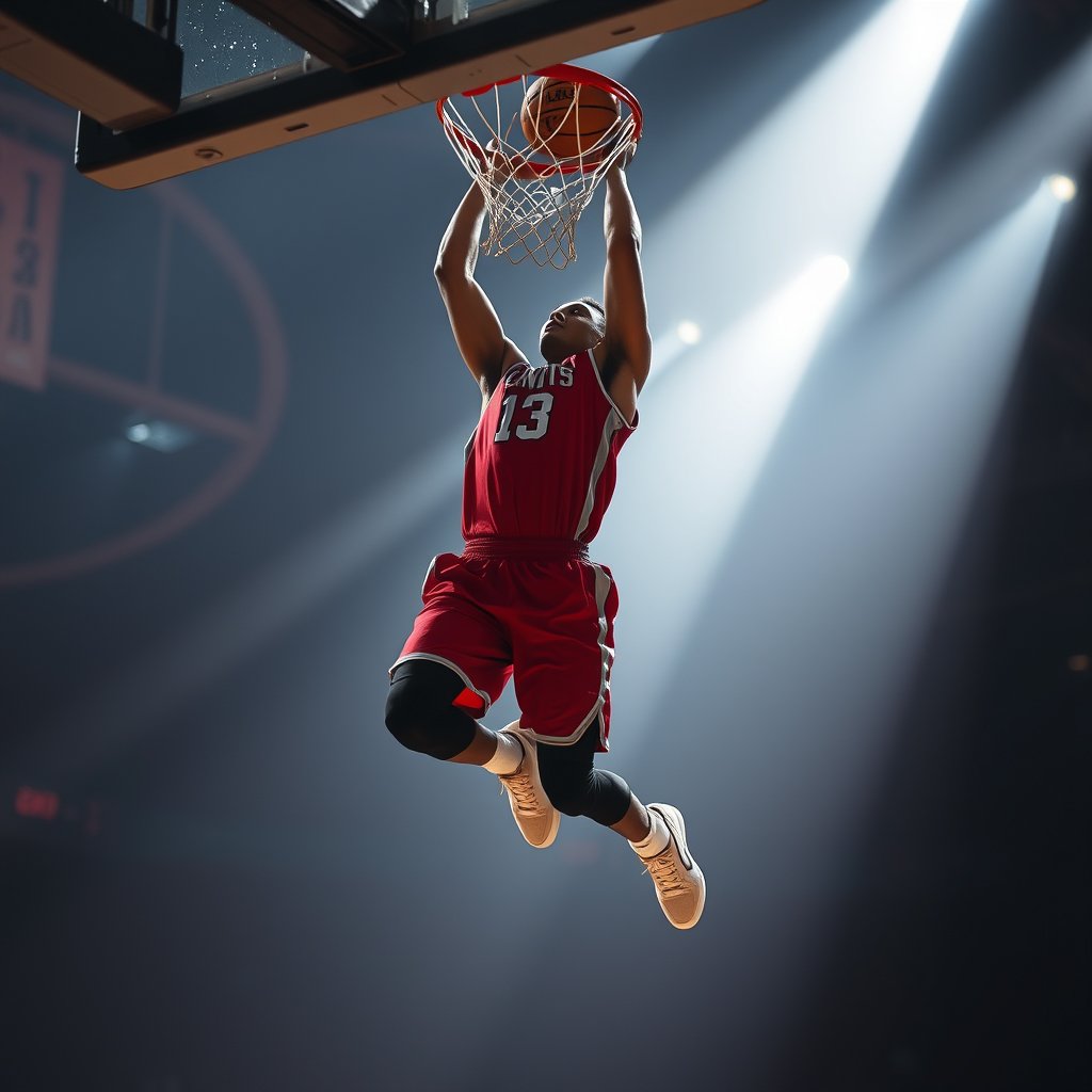a basketball player dunking with dramatic lighting, soft natural light, shallow depth of field, bokeh
