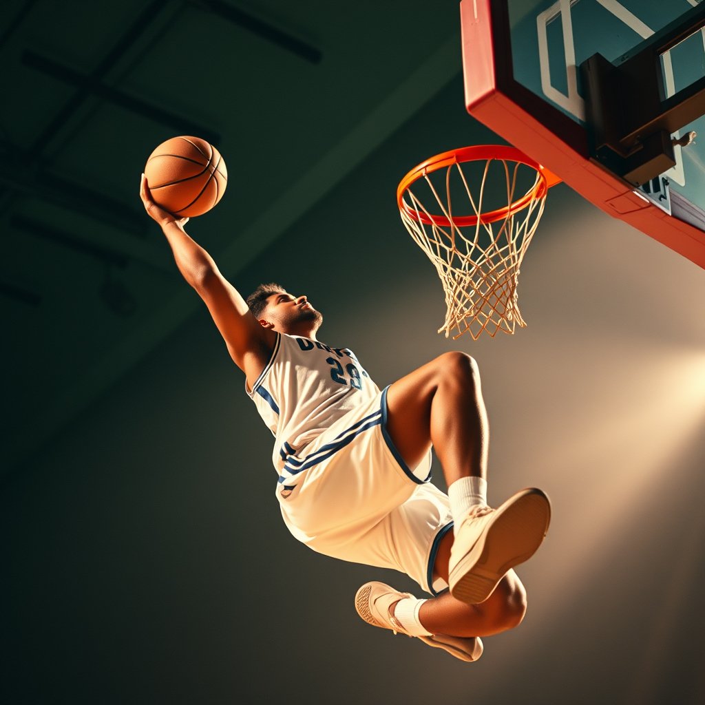 a basketball player dunking with dramatic lighting, bright and airy, pastel tones, dreamy aesthetic