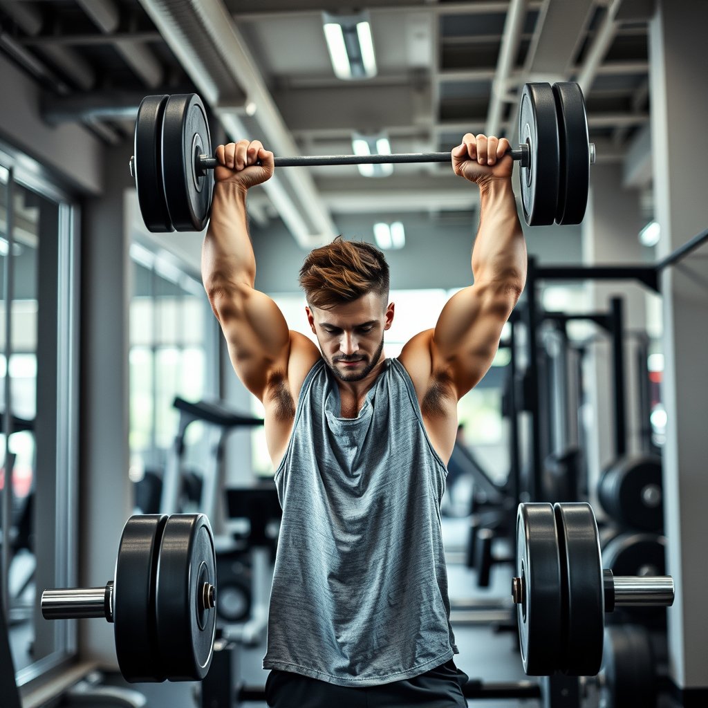 a person lifting weights in a modern gym, ultra realistic, crisp details, studio quality