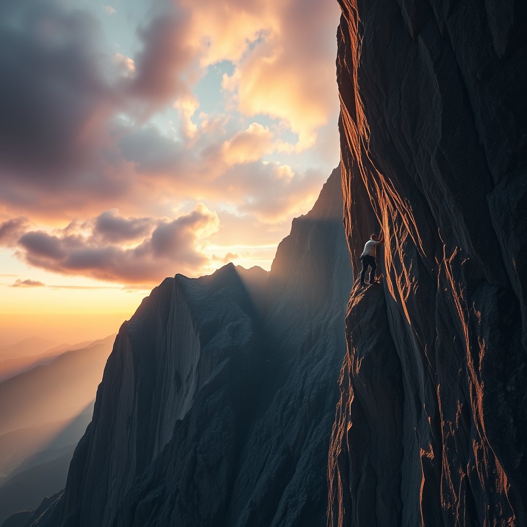 a rock climber scaling a steep cliff, cinematic lighting, vibrant colors, dramatic atmosphere
