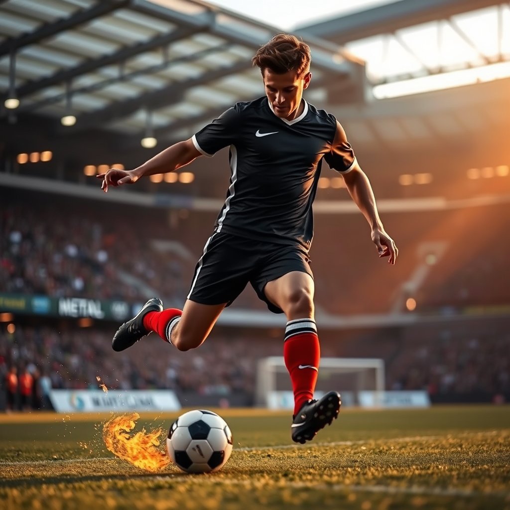 a soccer player kicking the ball in a stadium, golden hour lighting, warm tones, atmospheric