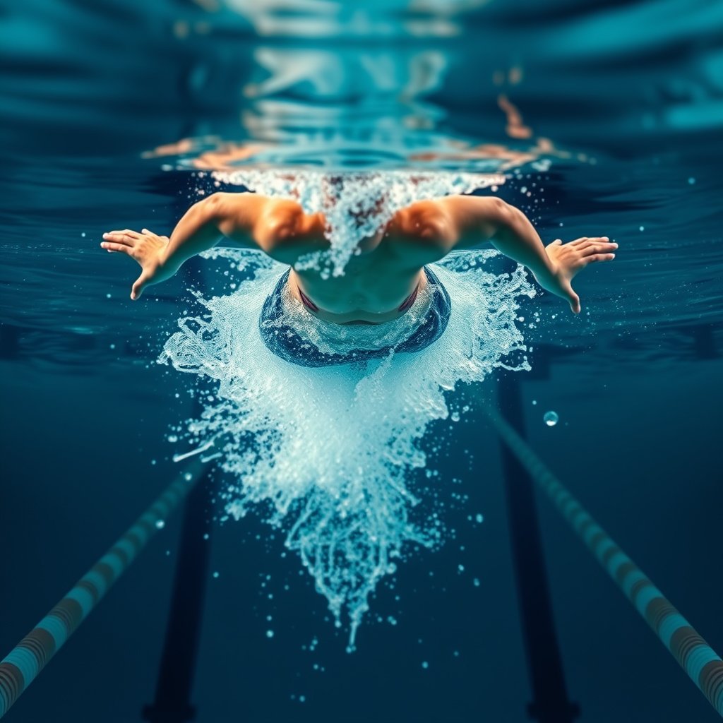 a swimmer diving into a pool, action shot, highly detailed, 8k, professional photography, sharp focus