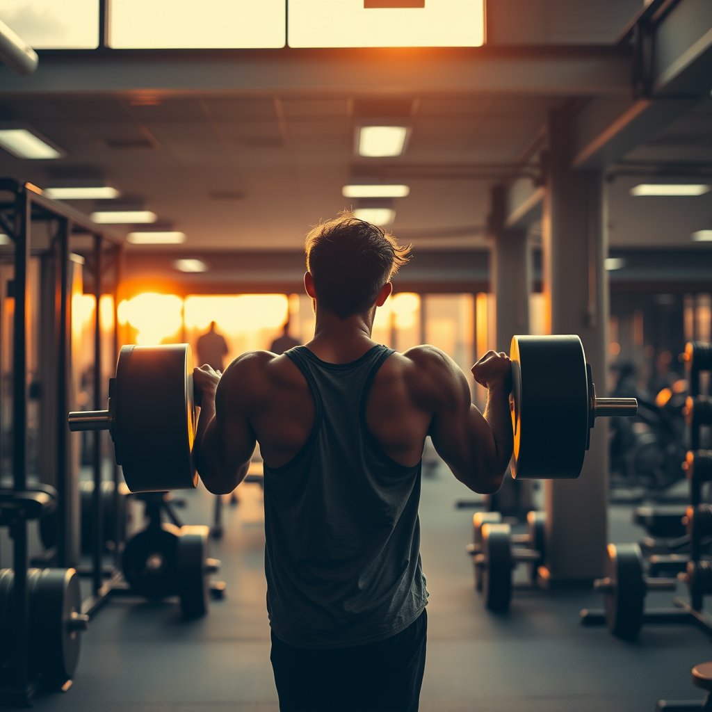 a person lifting weights in a modern gym, golden hour lighting, warm tones, atmospheric