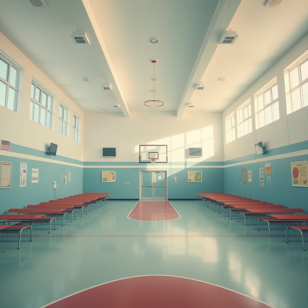 school basketball daylight, bright and airy, pastel tones, dreamy aesthetic