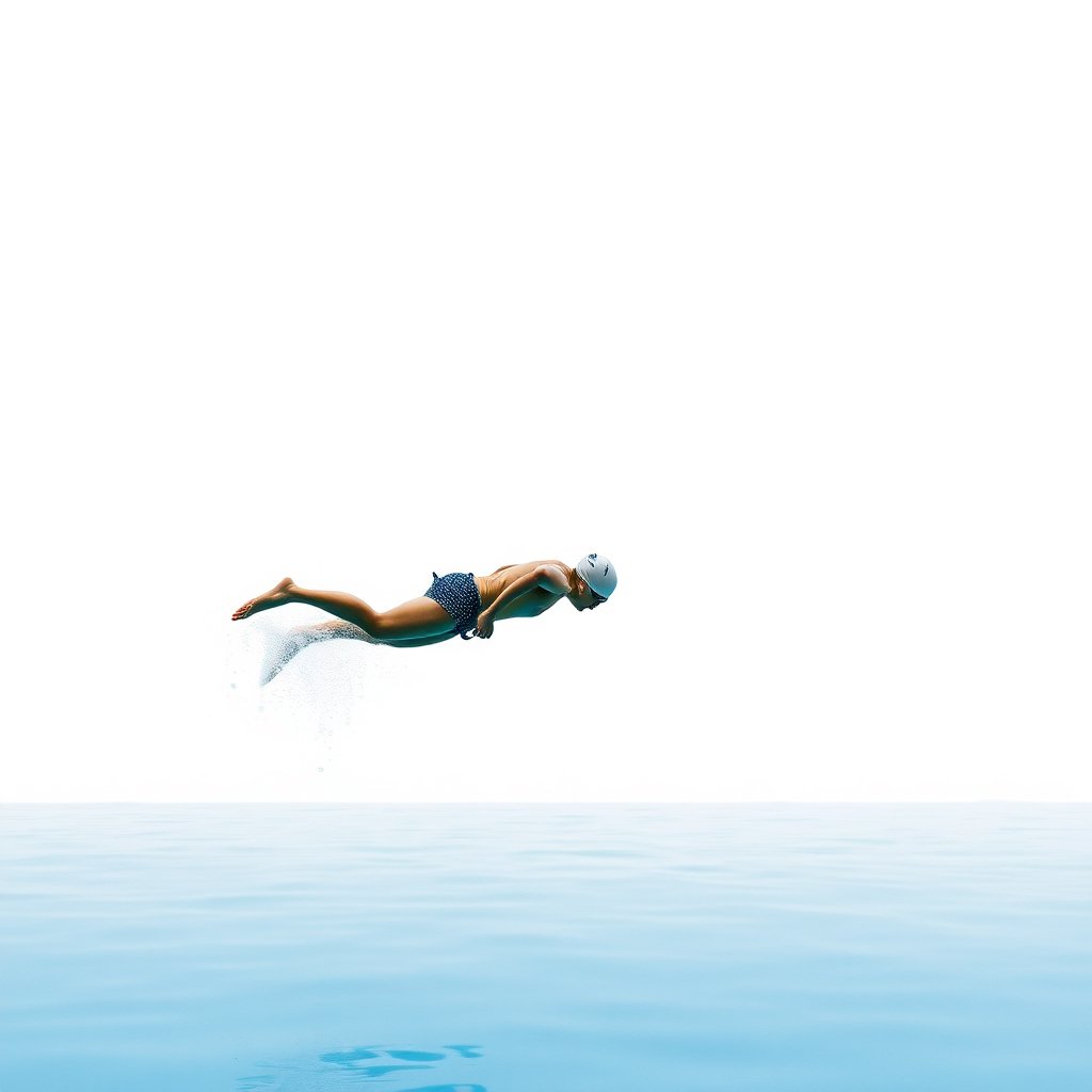a swimmer diving into a pool, action shot, minimalist composition, clean background, elegant