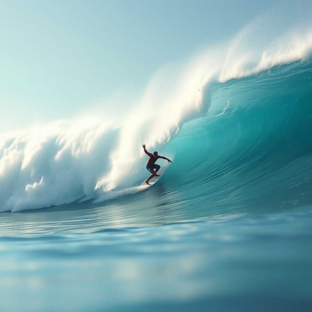 a surfer riding a big ocean wave, bright and airy, pastel tones, dreamy aesthetic
