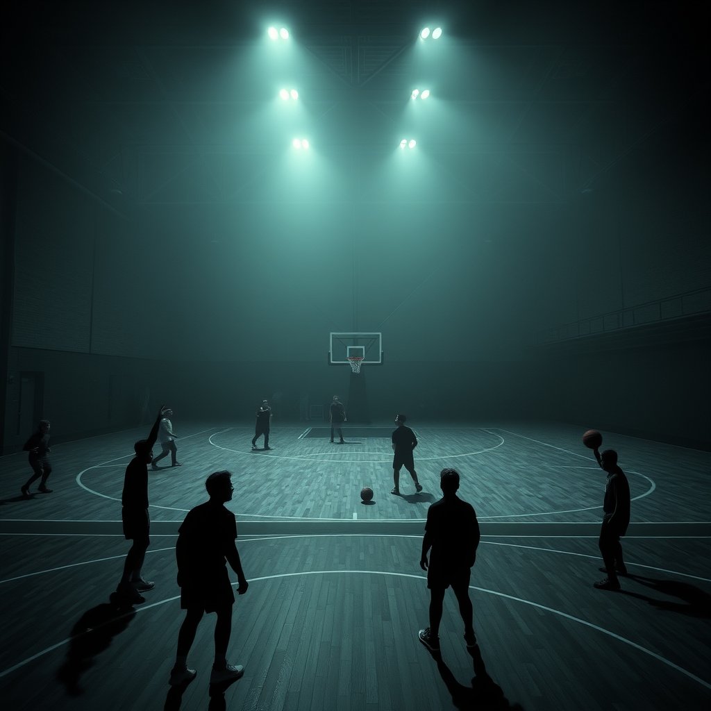 school basketball day, moody lighting, high contrast, fine art photography