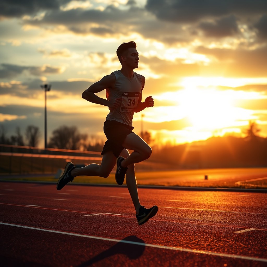 a runner sprinting on a track at sunset, moody lighting, high contrast, fine art photography