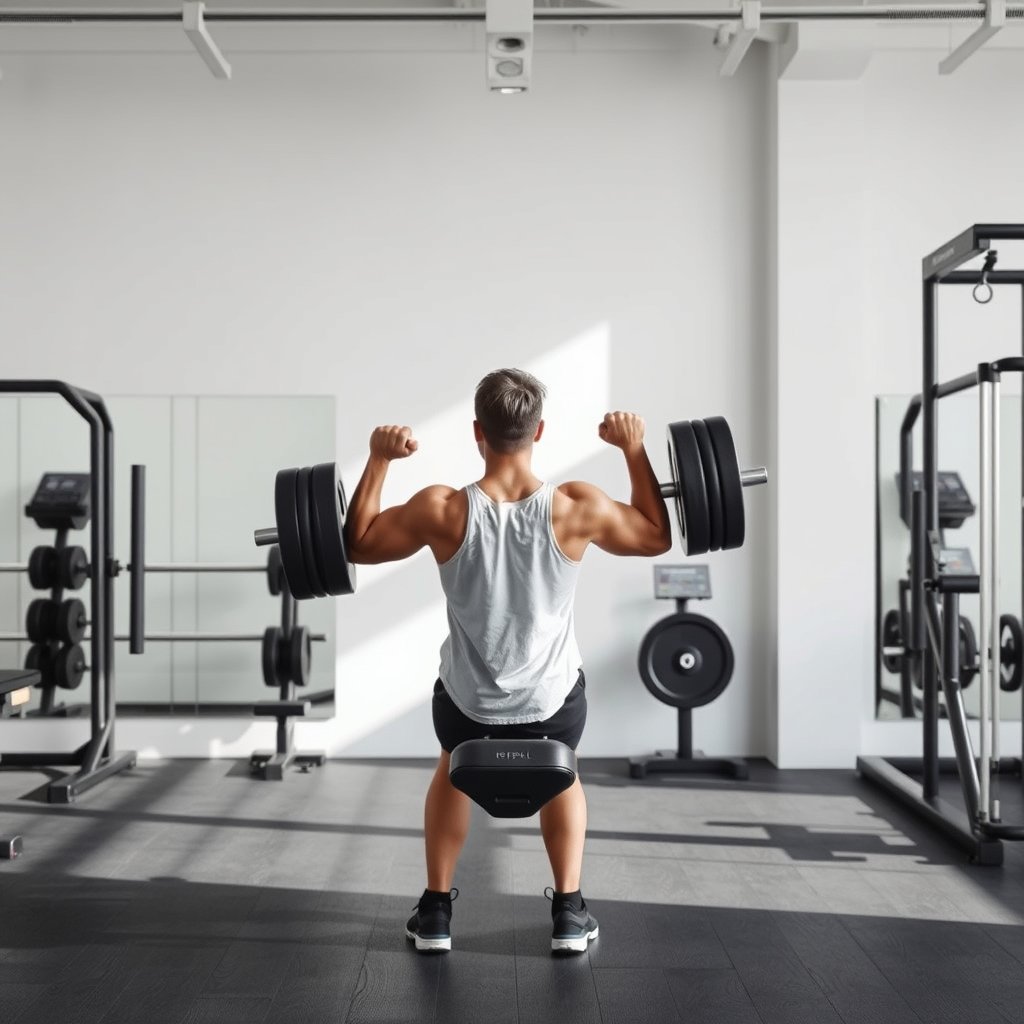 a person lifting weights in a modern gym, minimalist composition, clean background, elegant
