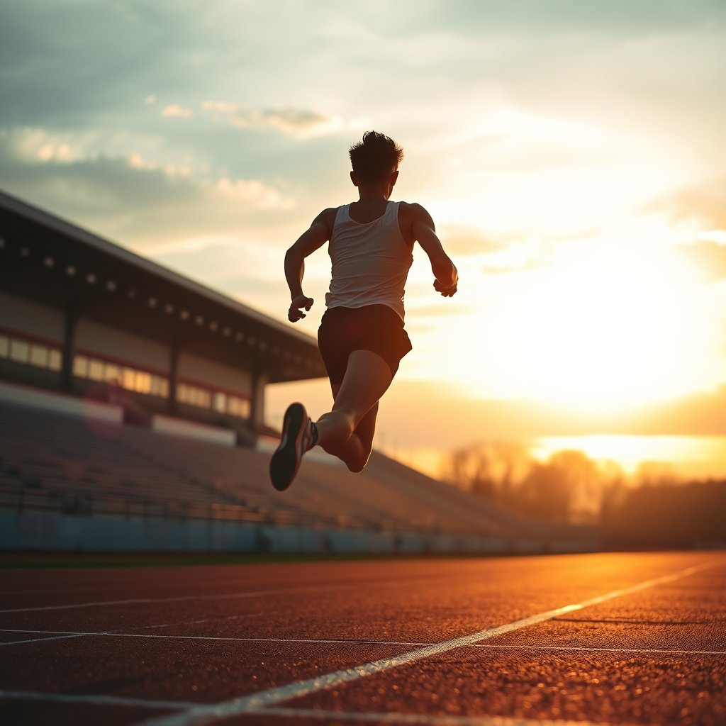 a runner sprinting on a track at sunset, moody lighting, high contrast, fine art photography
