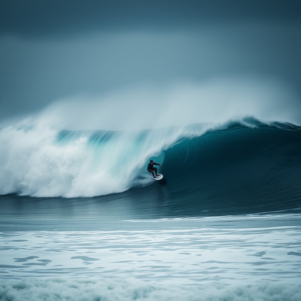 a surfer riding a big ocean wave, moody lighting, high contrast, fine art photography