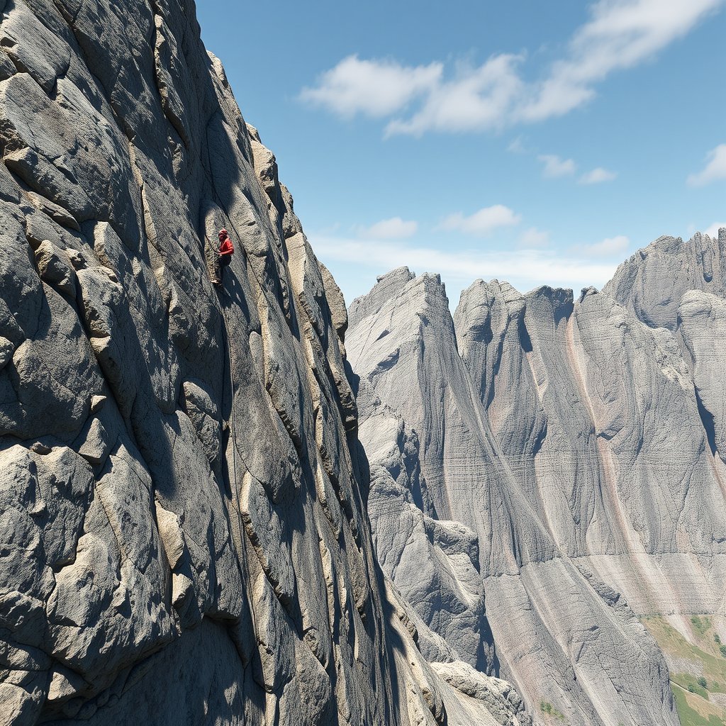 a rock climber scaling a steep cliff, ultra realistic, crisp details, studio quality