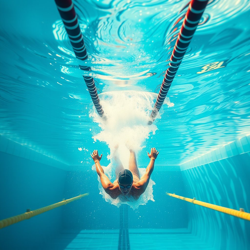 a swimmer diving into a pool, action shot, bright and airy, pastel tones, dreamy aesthetic