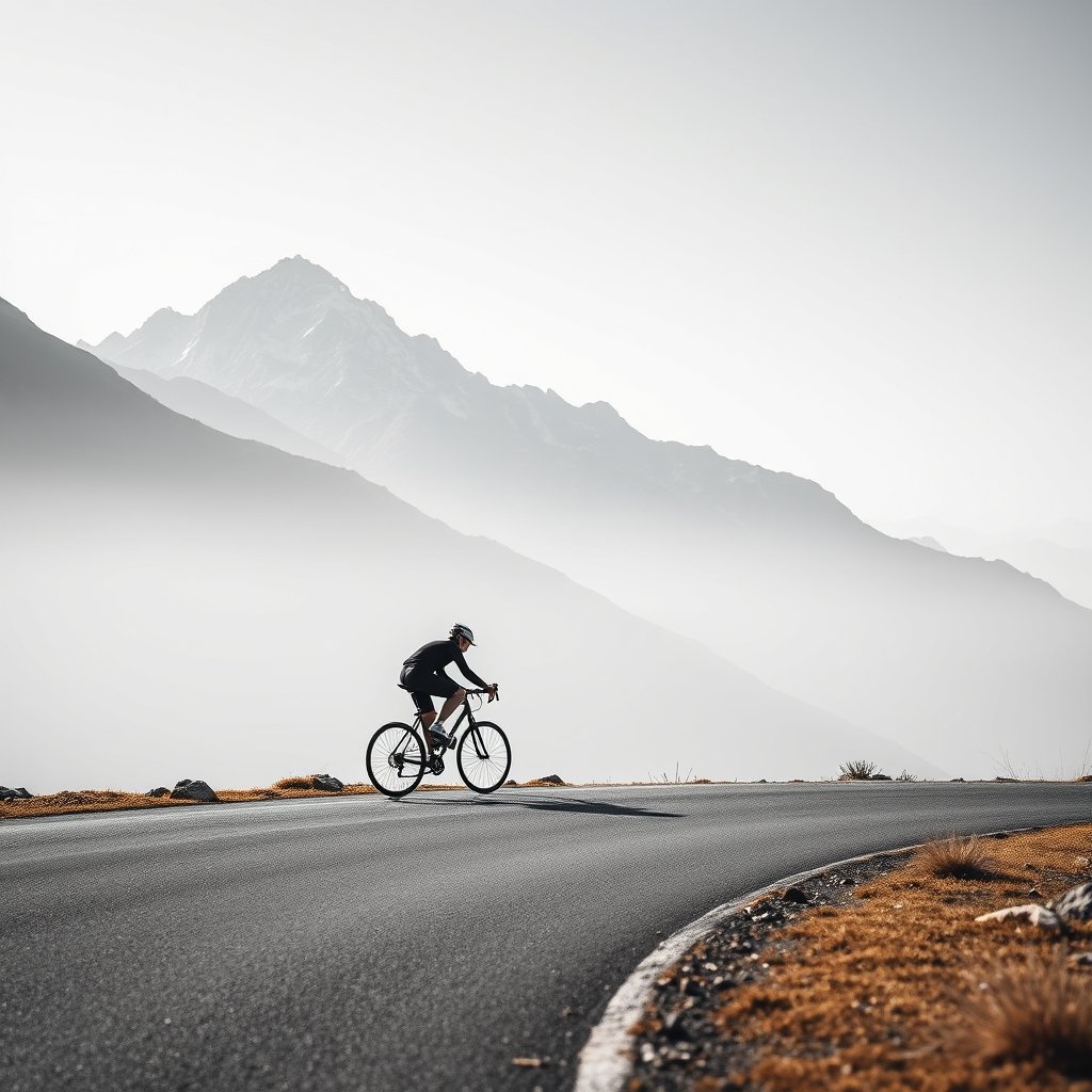a cyclist riding through a mountain road, minimalist composition, clean background, elegant