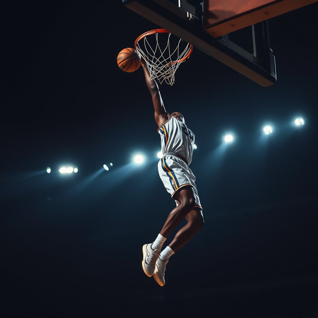 a basketball player dunking with dramatic lighting, moody lighting, high contrast, fine art photography