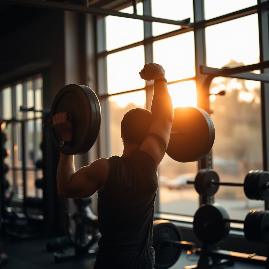 a person lifting weights in a modern gym, golden hour lighting, warm tones, atmospheric