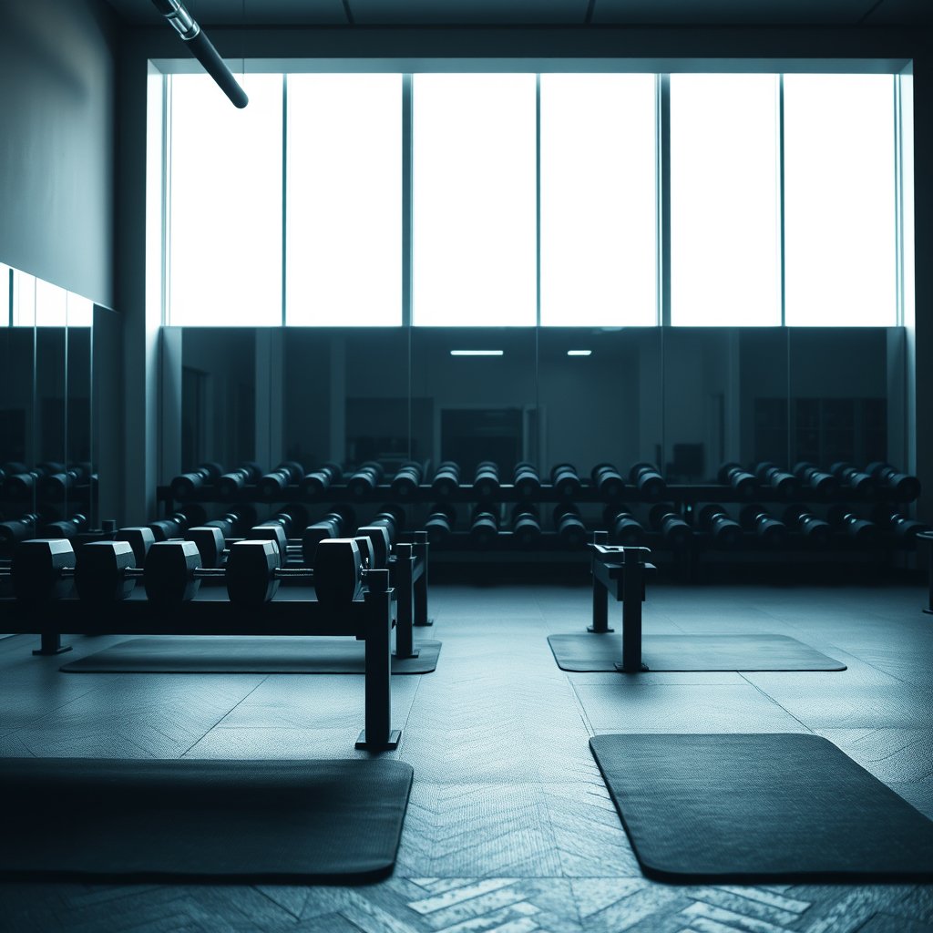 modern gym interior, dumbbells, mats, clean light space, moody lighting, high contrast, fine art photography