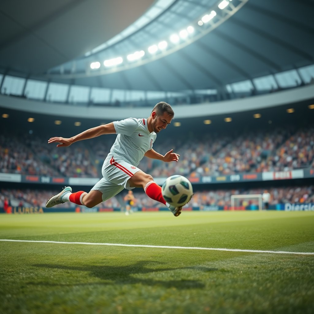 a soccer player kicking the ball in a stadium, highly detailed, 8k, professional photography, sharp focus
